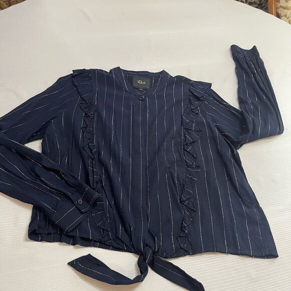 Rails Blouse Piper Tie Front Navy Silver Stripe Ruffle Button Up Shirt Medium - Picture 6 of 10